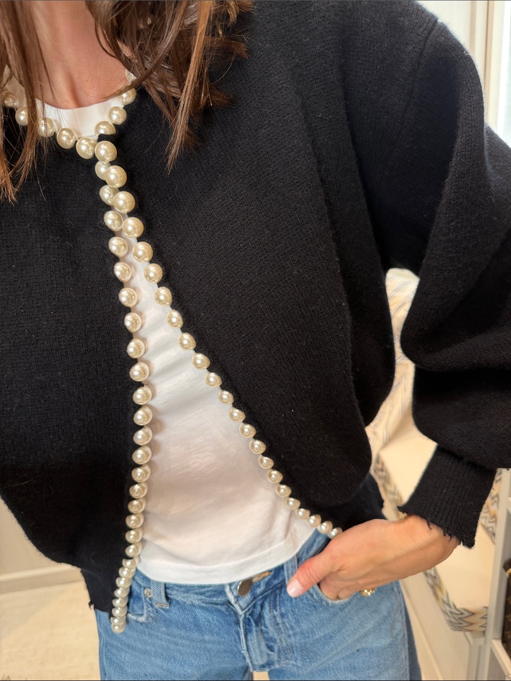 Alexander Wang Black Cardigan with Pearl Trim - Picture 3 of 4